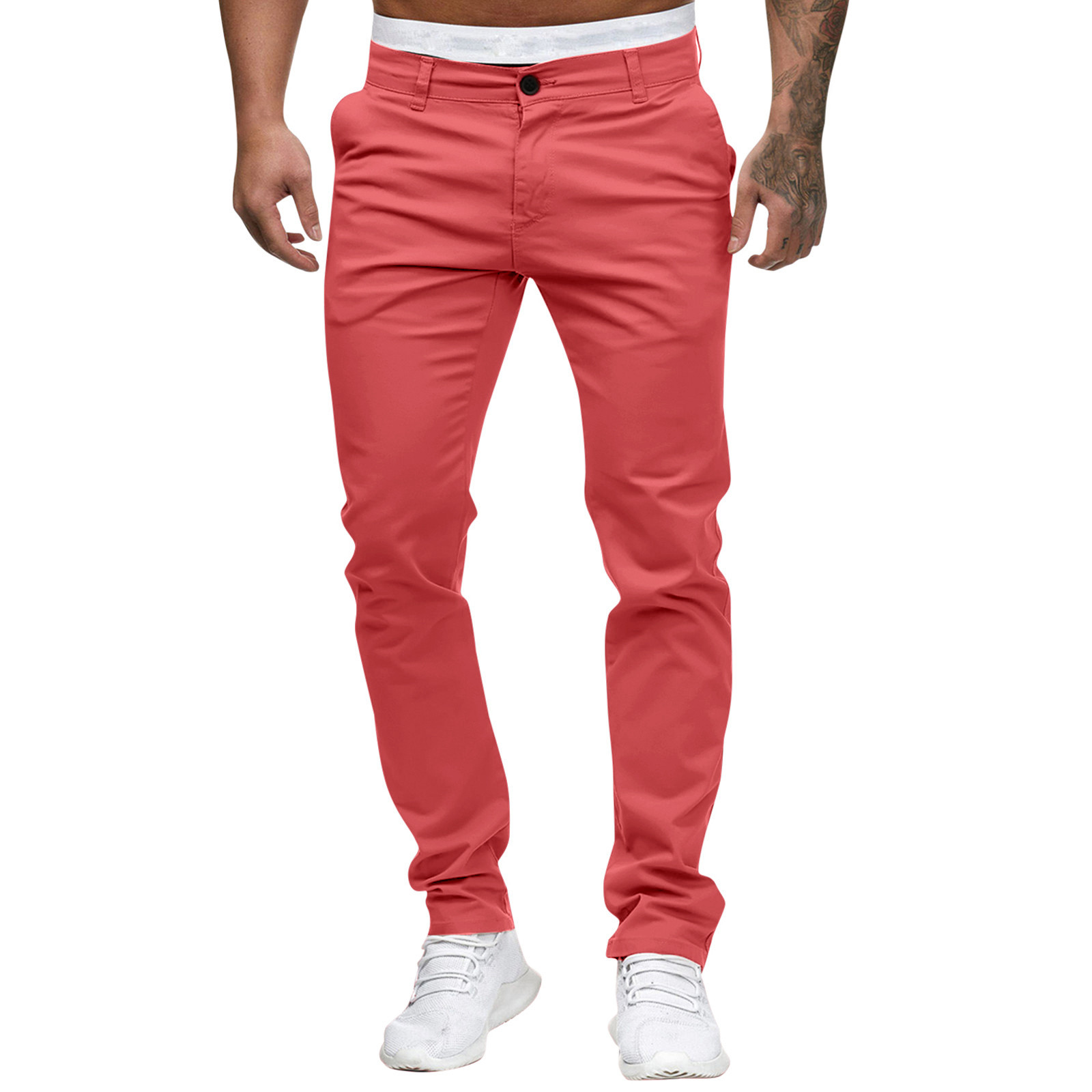 thumbnail image 2 of Pantalones informales lisos de talla grande para hombre, cintura ajustada, botones/bolsillos/cremallera decorativos, algodón, tallas M-XXXL, 2 of 8